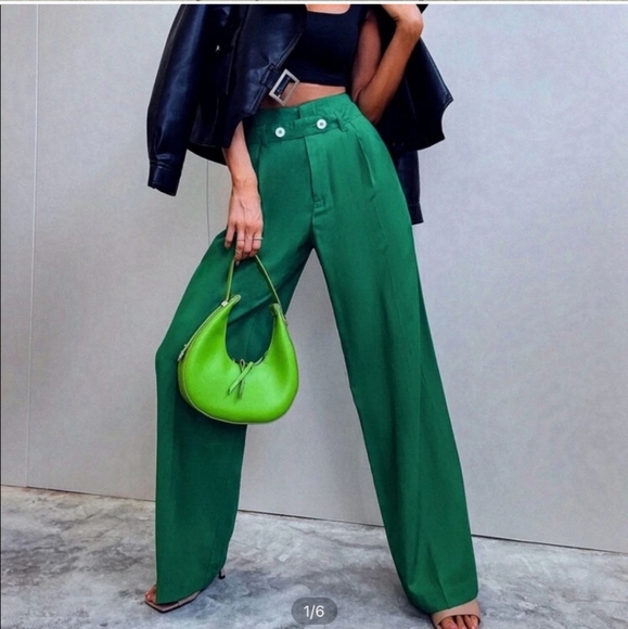 Zara* belted wide leg green pants bloggers fav - Picture 6 of 15
